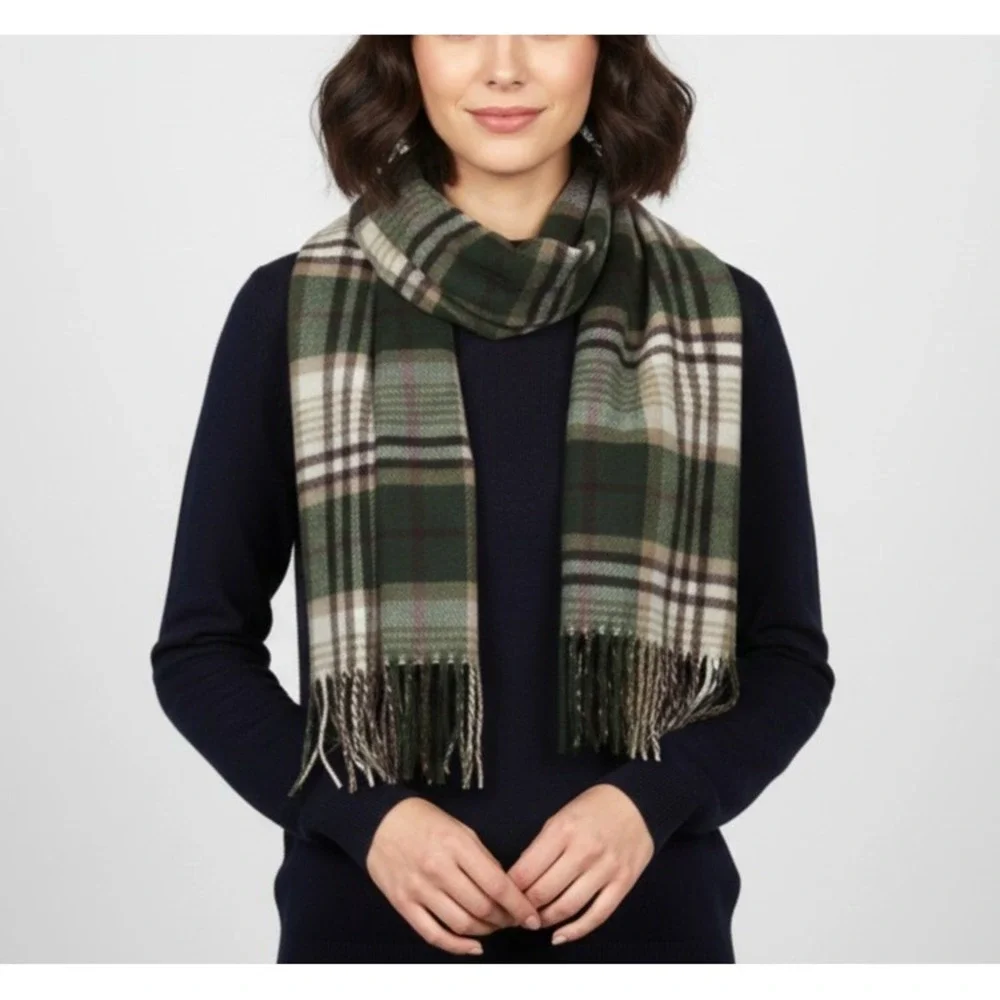 Super Soft PURE WOOL Green/Brown/Tan PLAID Unisex RECTANGLE SCARF w/TASSELS